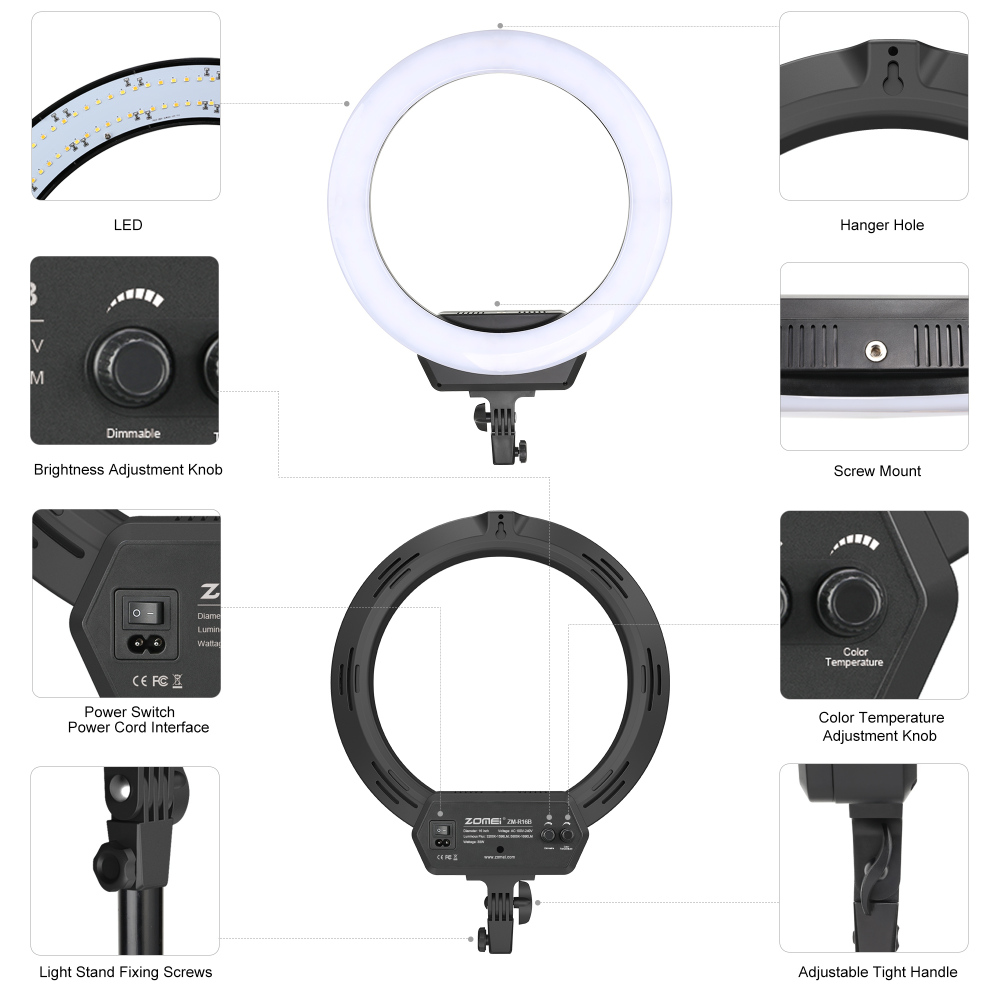 ZOMEI 16 Inch LED Selfie Ring Light Camera Lamp 3200-5600K with Tripod Stand Cellphone Holder Kit for Video Live Stream Makeup for iPhone X/Xs/XR/8/8