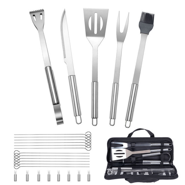 BBQ Grill Set,Stainless Steel Barbecue Tools 25pcs,Useful Grilling Accessories with 12 Grilling Skewers for Family Camping Backyard Barbecue