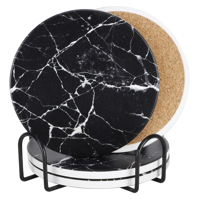 Drink Coasters with Holder, Absorbent Coaster Sets of 4, Marble Style Ceramic Drink Coaster for Tabletop Protection,Suitable for Kinds of Cups, Wooden