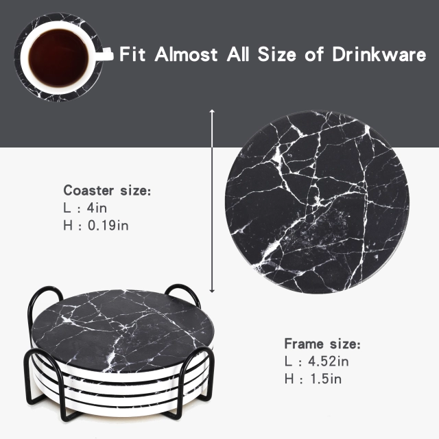 Drink Coasters with Holder, Absorbent Coaster Sets of 4, Marble Style Ceramic Drink Coaster for Tabletop Protection,Suitable for Kinds of Cups, Wooden