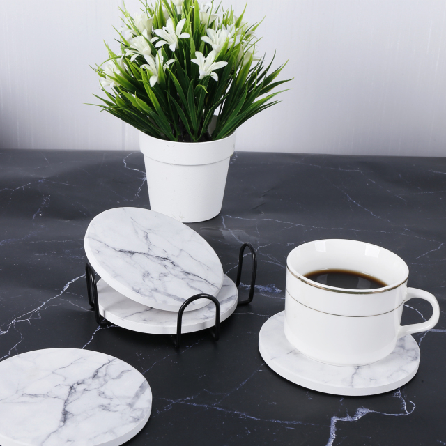 Drink Coasters with Holder, Absorbent Coaster Sets of 4, Marble Style Ceramic Drink Coaster for Tabletop Protection,Suitable for Kinds of Cups, Wooden