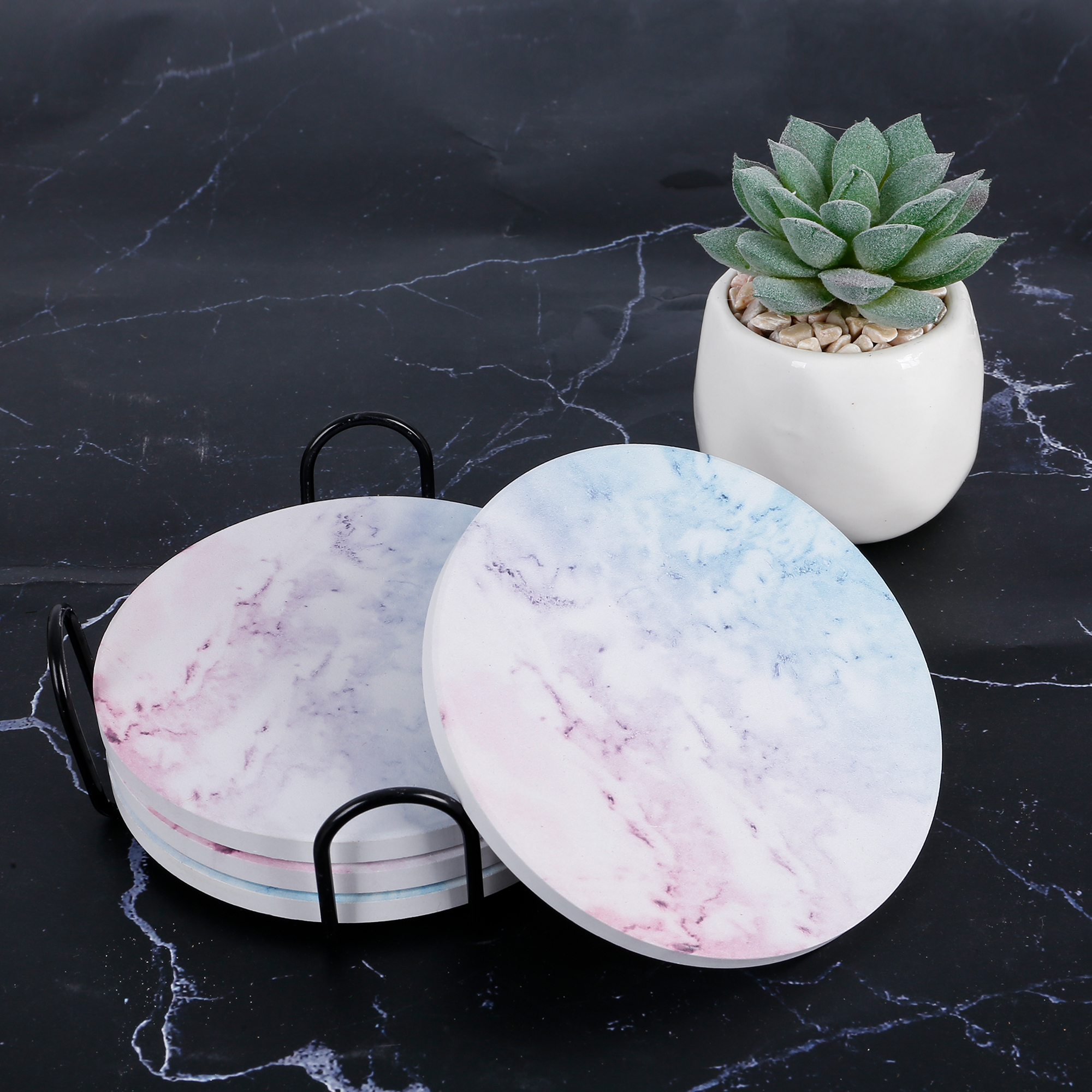 Drink Coasters with Holder, Absorbent Coaster Sets of 4, Marble Style Ceramic Drink Coaster for Tabletop Protection,Suitable for Kinds of Cups, Wooden