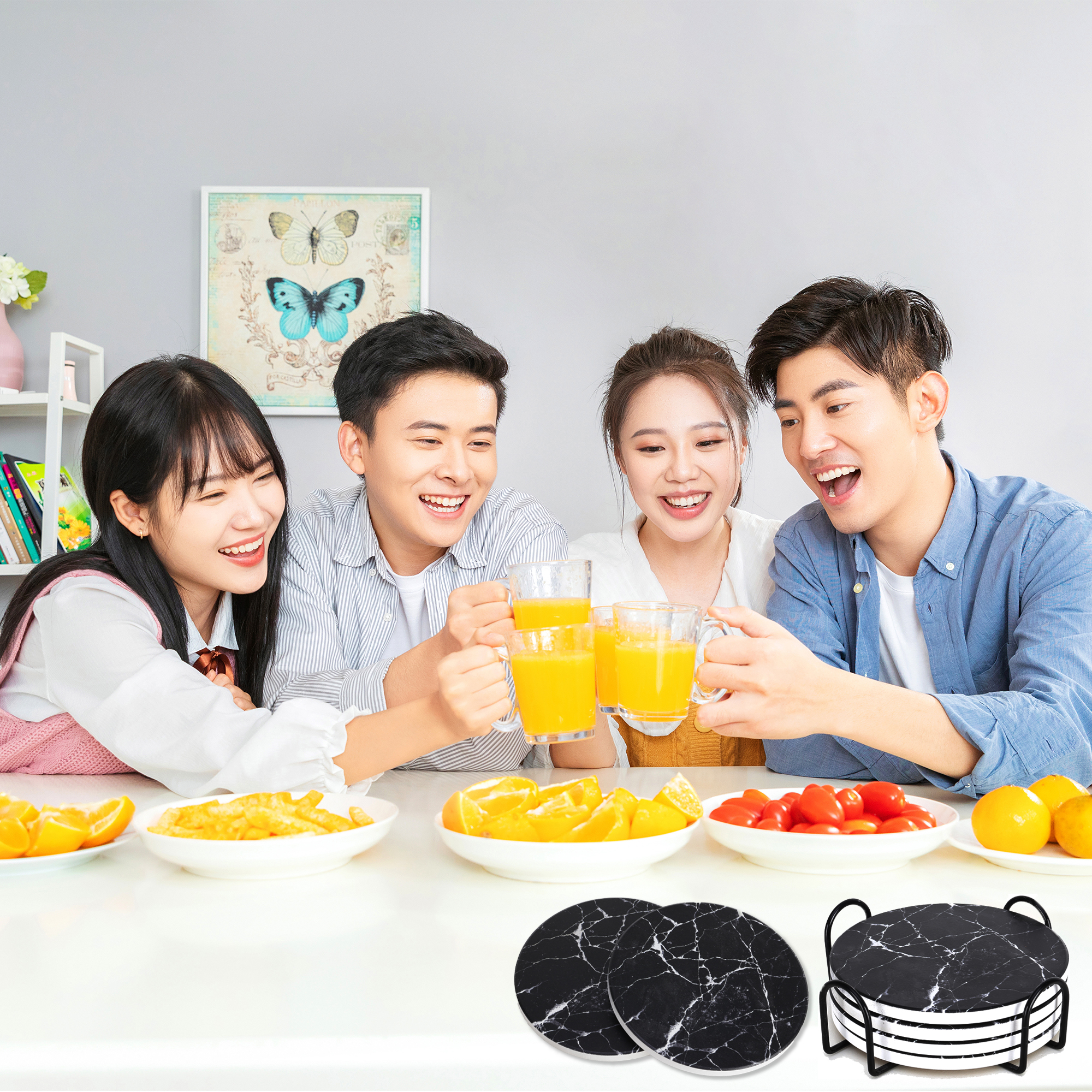 Drink Coasters with Holder, Absorbent Coaster Sets of 4, Marble Style Ceramic Drink Coaster for Tabletop Protection,Suitable for Kinds of Cups, Wooden
