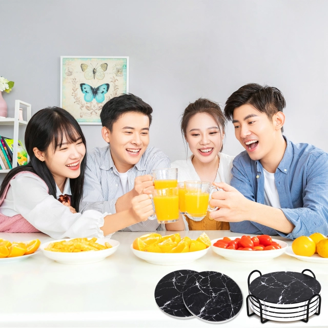 Drink Coasters with Holder, Absorbent Coaster Sets of 4, Marble Style Ceramic Drink Coaster for Tabletop Protection,Suitable for Kinds of Cups, Wooden