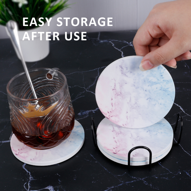 Drink Coasters with Holder, Absorbent Coaster Sets of 4, Marble Style Ceramic Drink Coaster for Tabletop Protection,Suitable for Kinds of Cups, Wooden