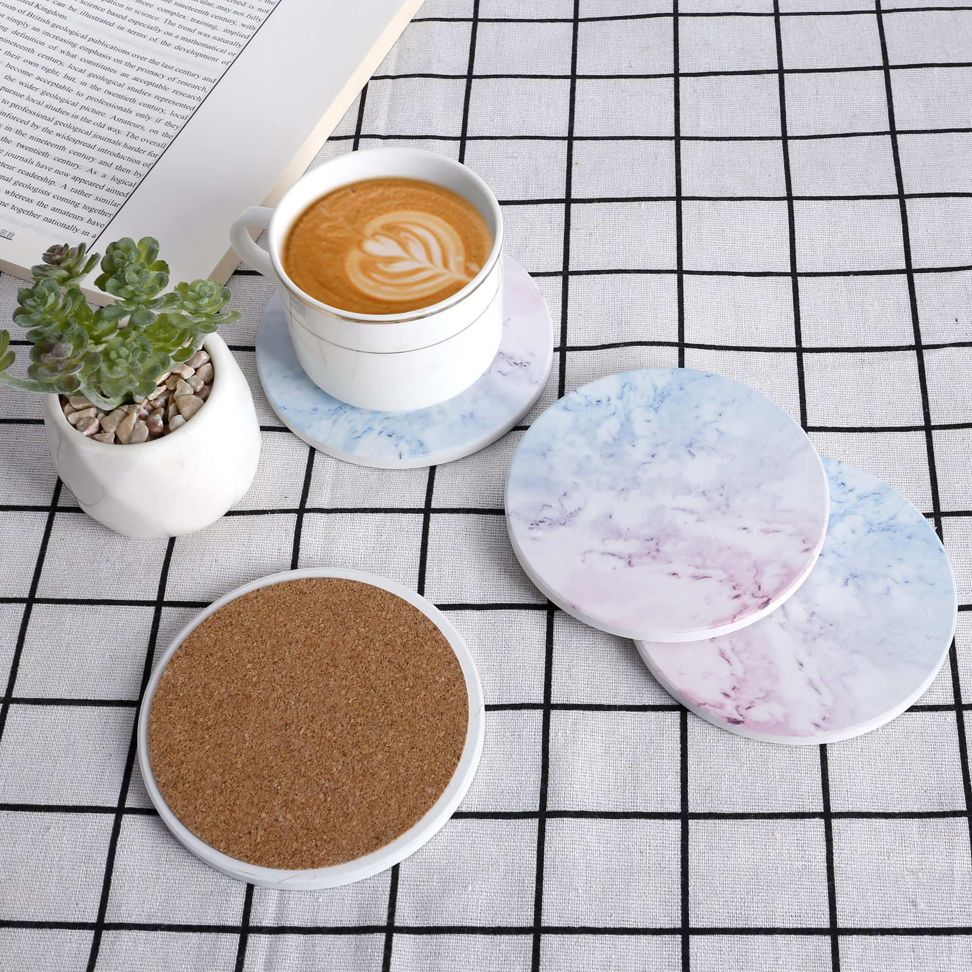 Drink Coasters with Holder, Absorbent Coaster Sets of 4, Marble Style Ceramic Drink Coaster for Tabletop Protection,Suitable for Kinds of Cups, Wooden