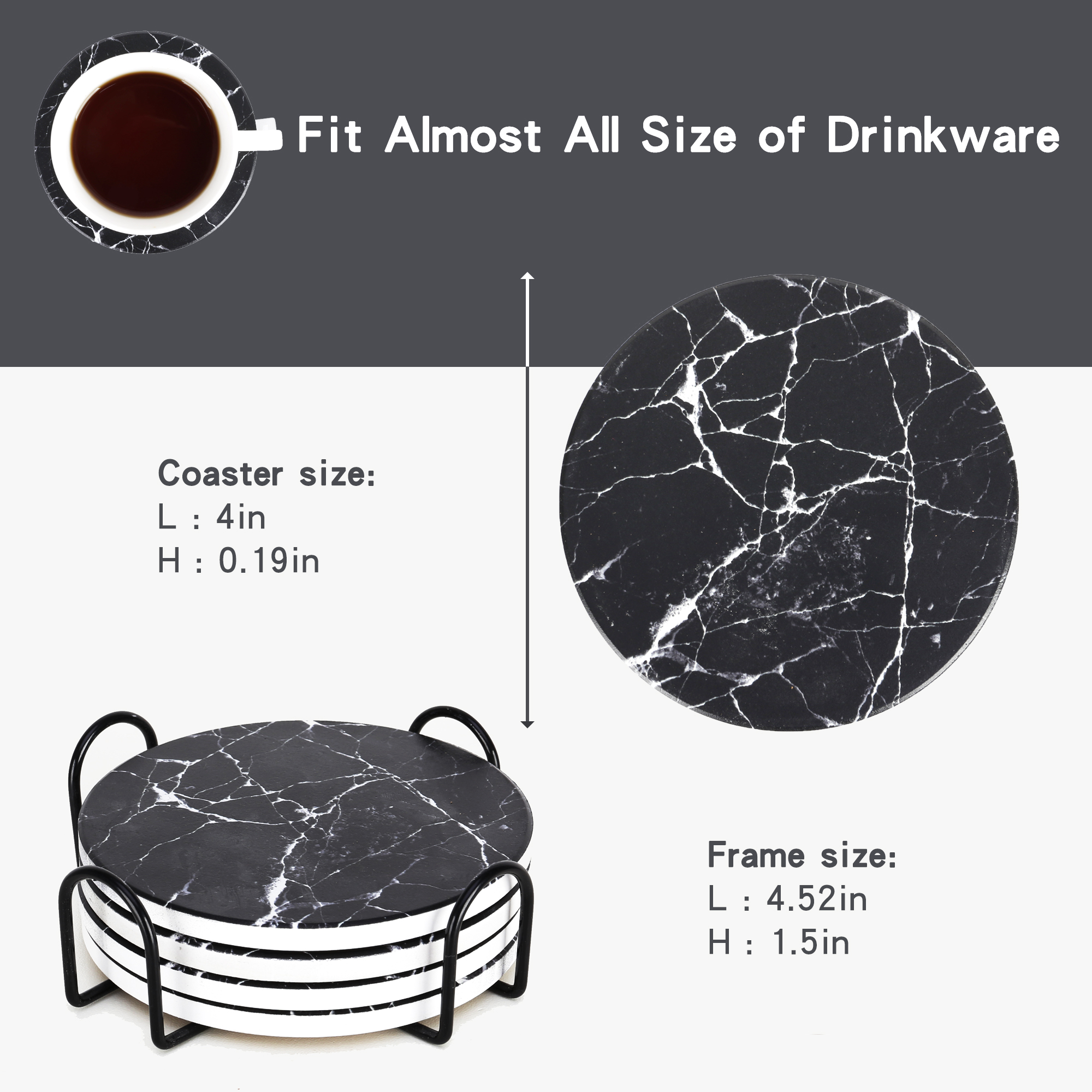 Drink Coasters with Holder, Absorbent Coaster Sets of 4, Marble Style Ceramic Drink Coaster for Tabletop Protection,Suitable for Kinds of Cups, Wooden