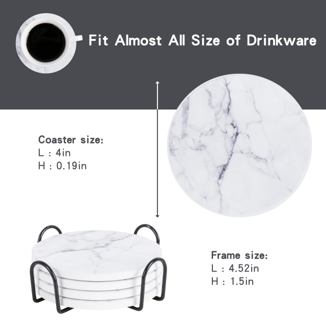 Drink Coasters with Holder, Absorbent Coaster Sets of 4, Marble Style Ceramic Drink Coaster for Tabletop Protection,Suitable for Kinds of Cups, Wooden