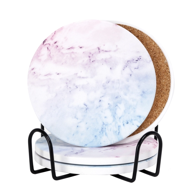 Drink Coasters with Holder, Absorbent Coaster Sets of 4, Marble Style Ceramic Drink Coaster for Tabletop Protection,Suitable for Kinds of Cups, Wooden