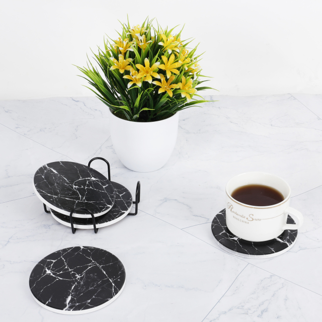 Drink Coasters with Holder, Absorbent Coaster Sets of 4, Marble Style Ceramic Drink Coaster for Tabletop Protection,Suitable for Kinds of Cups, Wooden