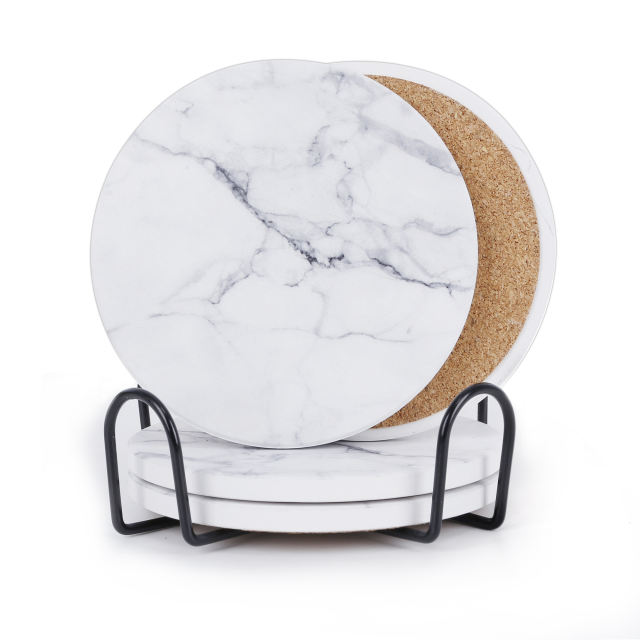 Drink Coasters with Holder, Absorbent Coaster Sets of 4, Marble Style Ceramic Drink Coaster for Tabletop Protection,Suitable for Kinds of Cups, Wooden