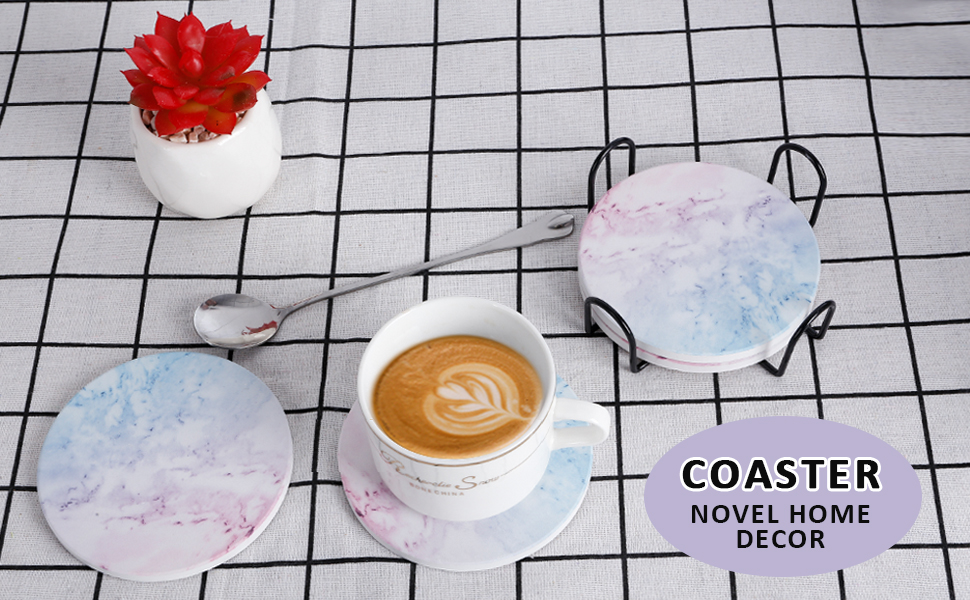 Drink Coasters with Holder, Absorbent Coaster Sets of 4, Marble Style Ceramic Drink Coaster for Tabletop Protection,Suitable for Kinds of Cups, Wooden