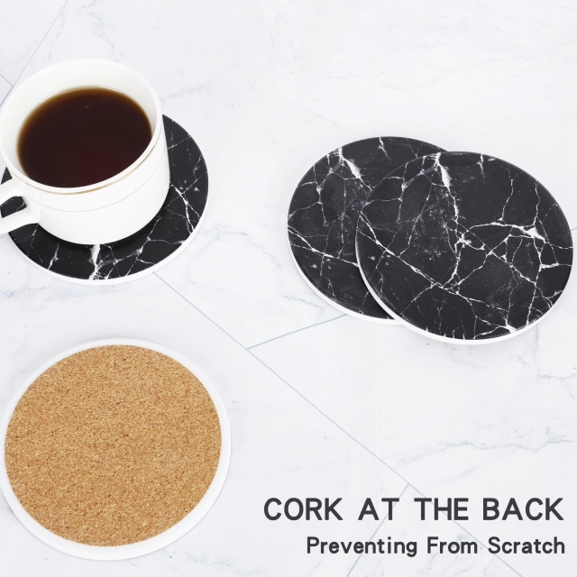 Drink Coasters with Holder, Absorbent Coaster Sets of 4, Marble Style Ceramic Drink Coaster for Tabletop Protection,Suitable for Kinds of Cups, Wooden