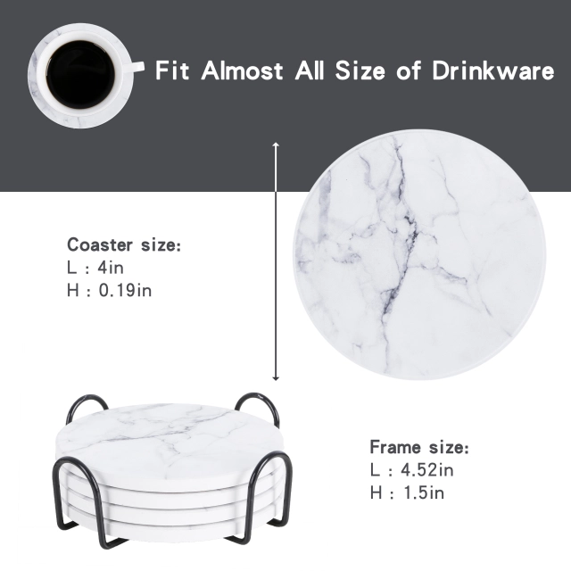 Drink Coasters with Holder, Absorbent Coaster Sets of 4, Marble Style Ceramic Drink Coaster for Tabletop Protection,Suitable for Kinds of Cups, Wooden
