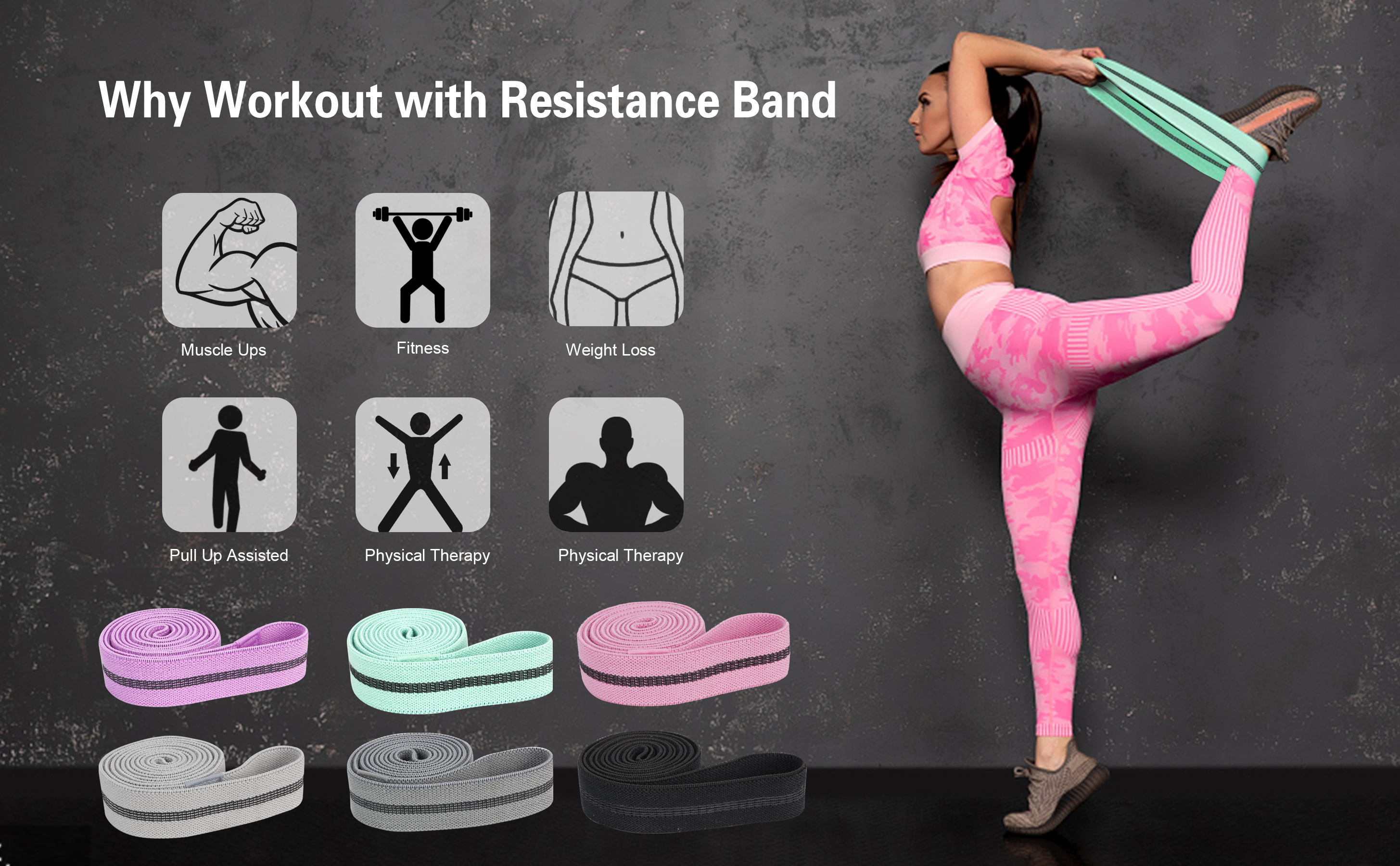 EOX Exercise Resistance Fabric Bands, Non-Slip Resistance Loop Workout  Bands for Strength Training, Physical Therapy,Legs and Glutes, 5 Resistance