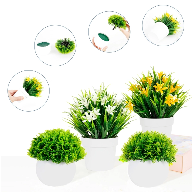 Karlesi 4 Pcs Artificial Plants &amp; Flowers Potted for Bathroom Office Home,Small Fake Plants in White Pot House Decor