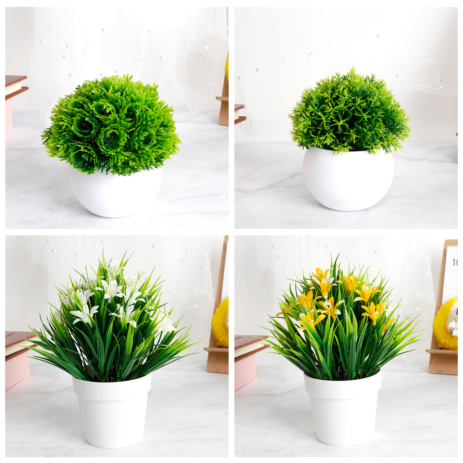 Karlesi 4 Pcs Artificial Plants & Flowers Potted for Bathroom Office Home,Small  Fake Plants in White Pot House Decor,Home Decoration