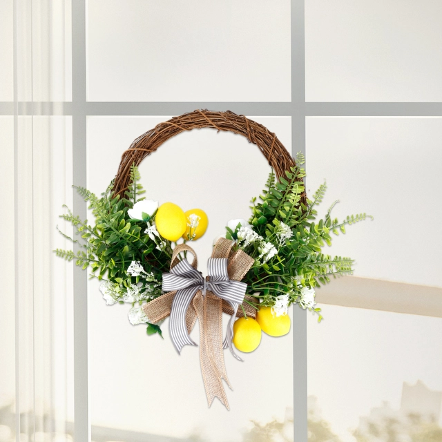 Artificial Lemon Wreath with Camellia, Persian Leaves, Lemon and Ribbon,16 Inches Grapevine Wreath for Front Door,Festival Celebration Wall Window Po