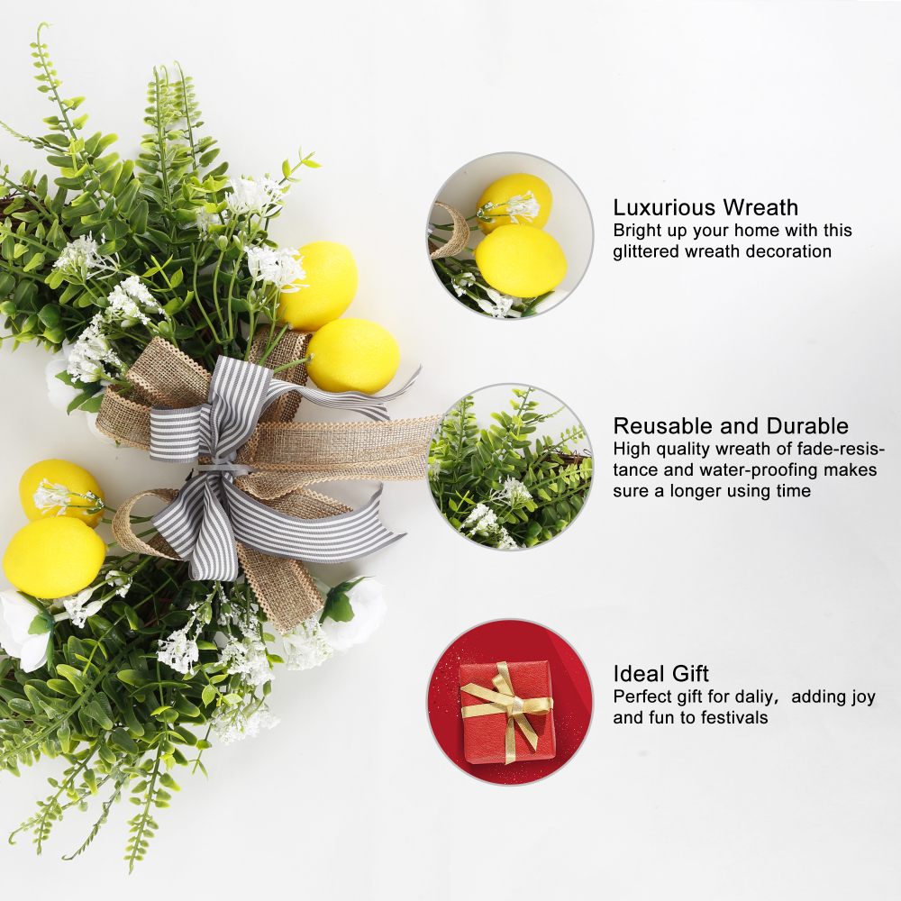 Artificial Lemon Wreath with Camellia, Persian Leaves, Lemon and Ribbon,16 Inches Grapevine Wreath for Front Door,Festival Celebration Wall Window Po
