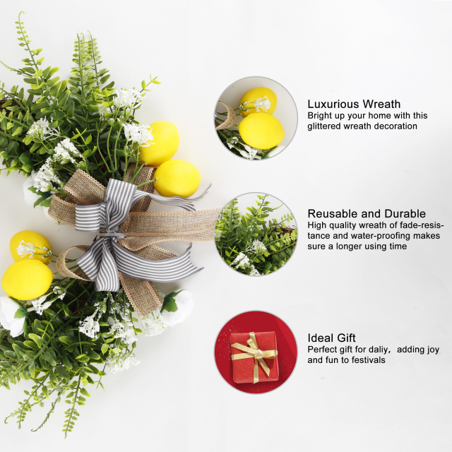 Artificial Lemon Wreath with Camellia, Persian Leaves, Lemon and Ribbon,16 Inches Grapevine Wreath for Front Door,Festival Celebration Wall Window Po
