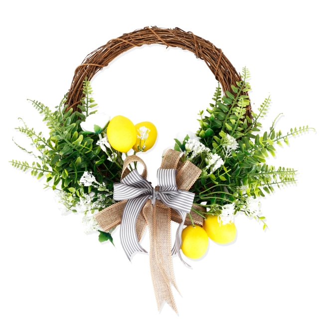 Artificial Lemon Wreath with Camellia, Persian Leaves, Lemon and Ribbon,16 Inches Grapevine Wreath for Front Door,Festival Celebration Wall Window Po