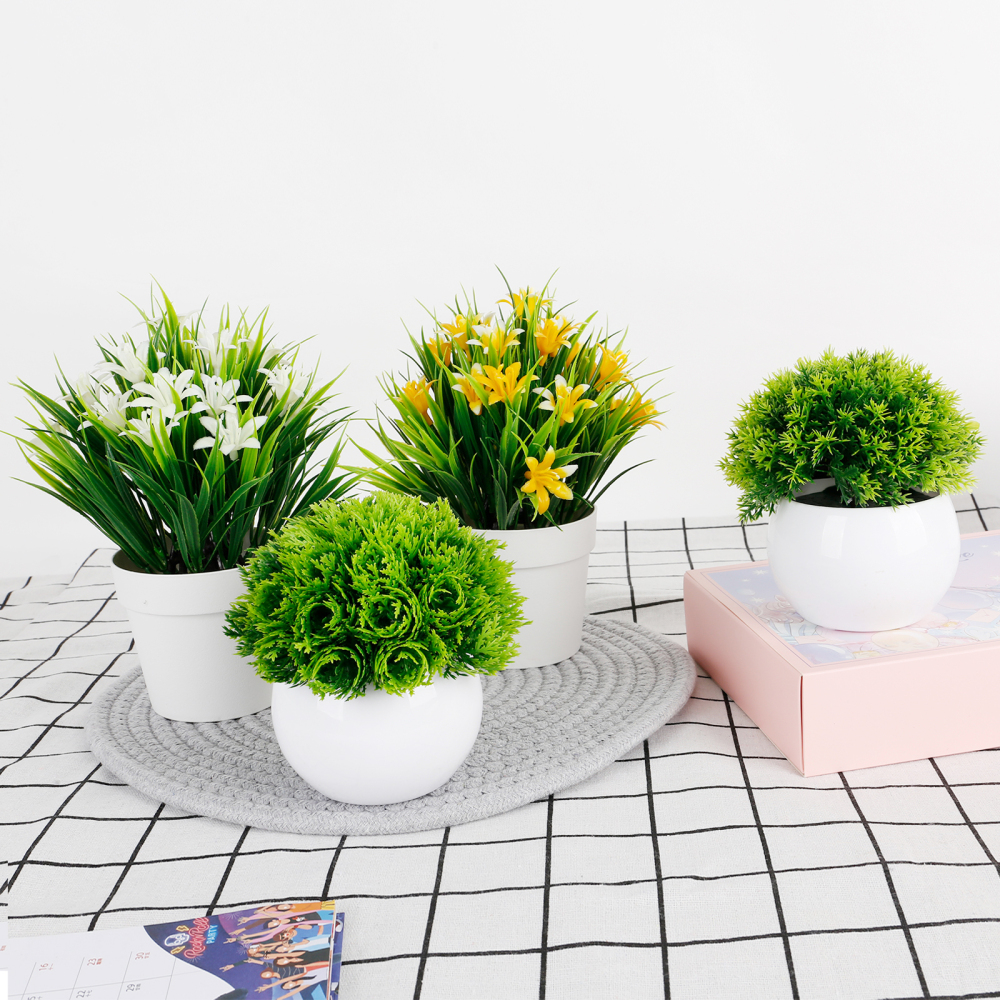 Karlesi 4 Pcs Artificial Plants & Flowers Potted for Bathroom Office Home,Small Fake Plants in White Pot House Decor