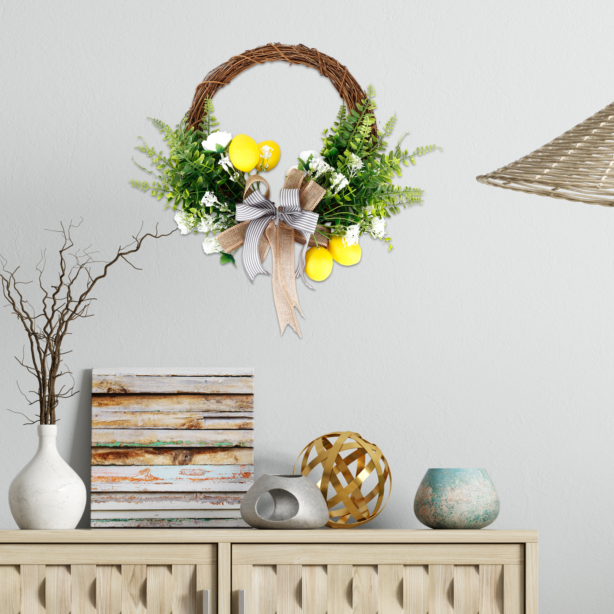 Artificial Lemon Wreath with Camellia, Persian Leaves, Lemon and Ribbon,16 Inches Grapevine Wreath for Front Door,Festival Celebration Wall Window Po