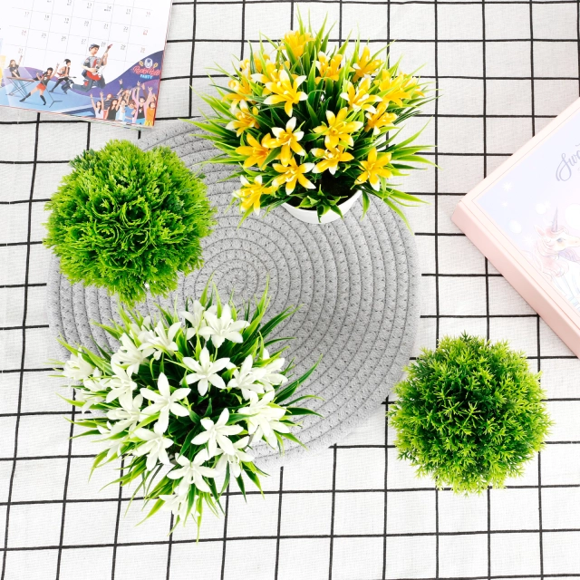 Karlesi 4 Pcs Artificial Plants & Flowers Potted for Bathroom Office Home,Small Fake Plants in White Pot House Decor