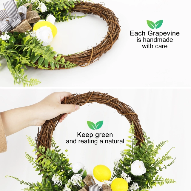 Artificial Lemon Wreath with Camellia, Persian Leaves, Lemon and Ribbon,16 Inches Grapevine Wreath for Front Door,Festival Celebration Wall Window Po