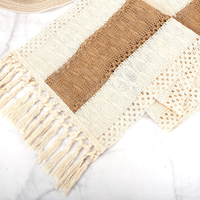 Karlesi Table Runner,Cotton and Natural Burlap Splicing Table Runner with Tassels,Hand Woven Natural Farmhouse Table Runner for Bohemian Wedding Home