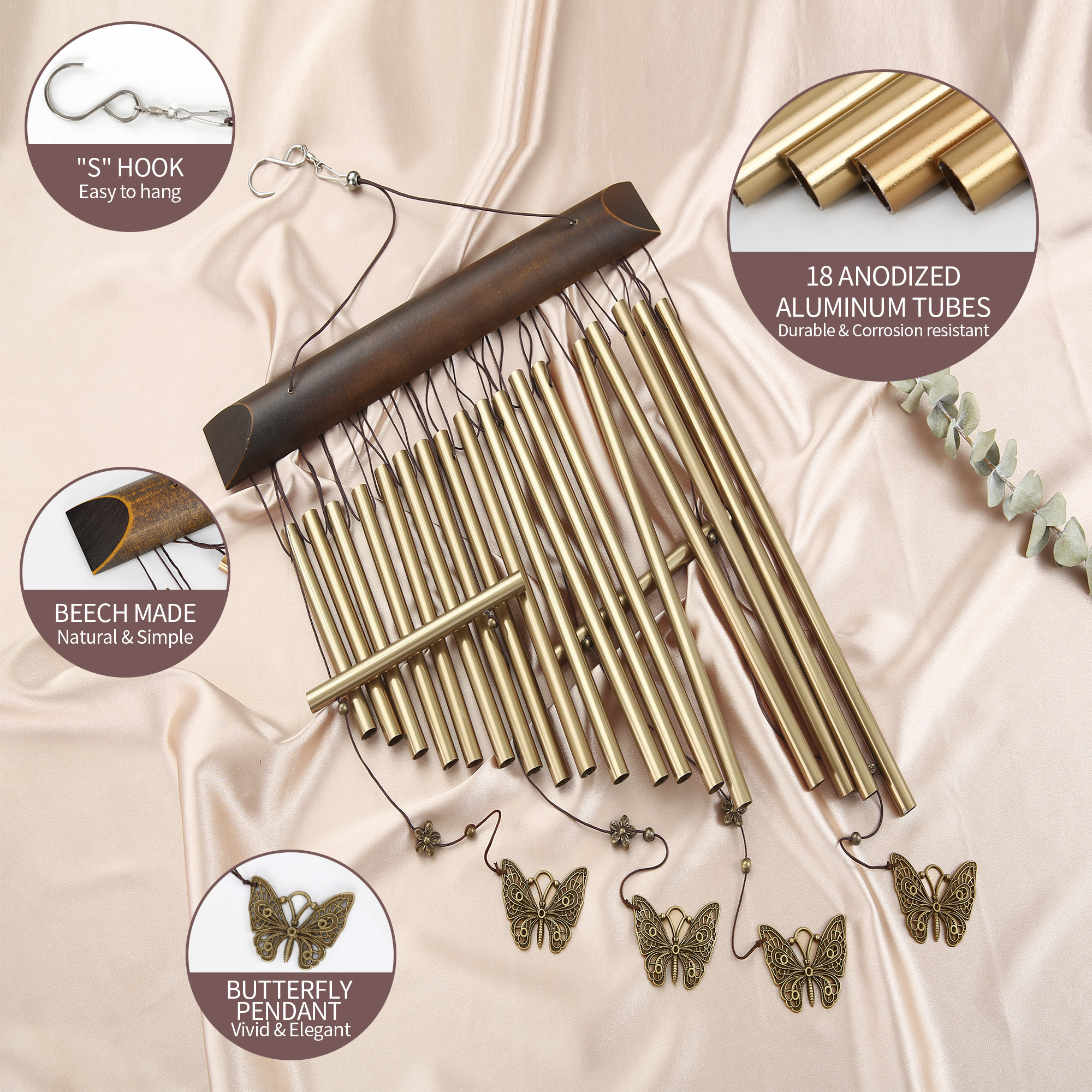 Wind Chimes for Outside, Memorial Wind Chime with 18 Aluminum Tubes,Butterfly Sympathy Wind Chimes Deep Tone,Great as or Hanging Decor for Patio, Gard