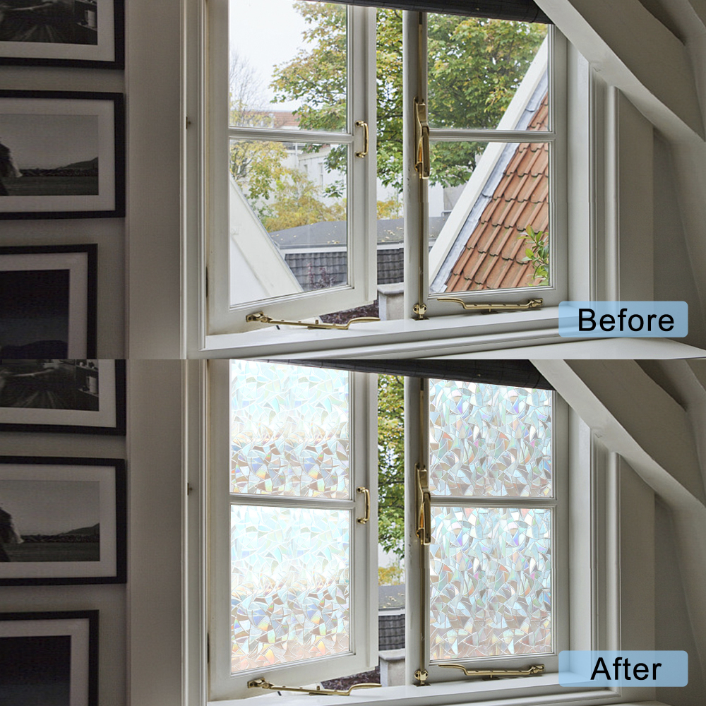 Window Privacy Film,3D Rainbow Decorative Window Viny Decals Static Stickers No-Adhesive Glass Films UV Blocking for Living Room Kitchen Office,17.5