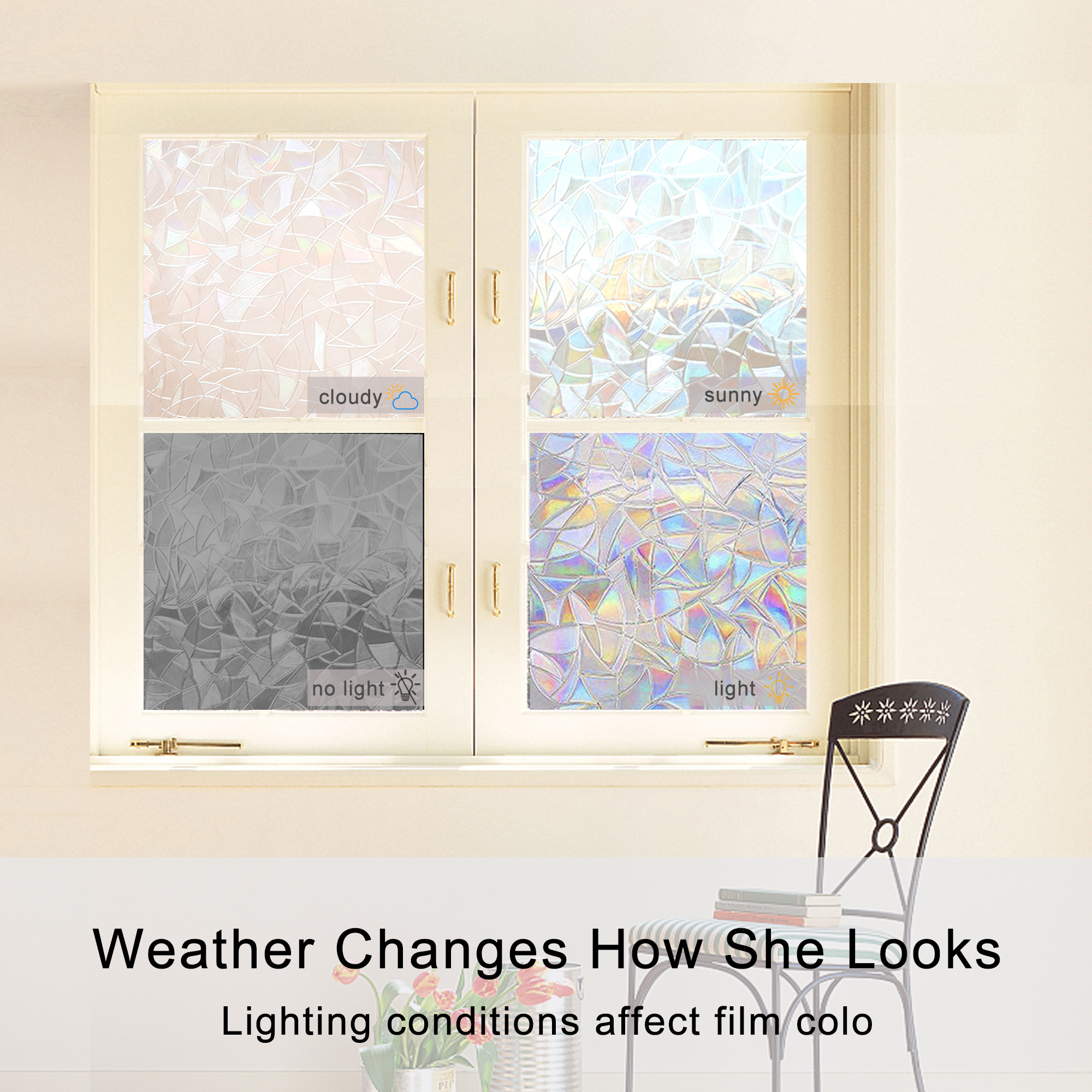 Window Privacy Film,3D Rainbow Decorative Window Viny Decals Static Stickers No-Adhesive Glass Films UV Blocking for Living Room Kitchen Office,17.5