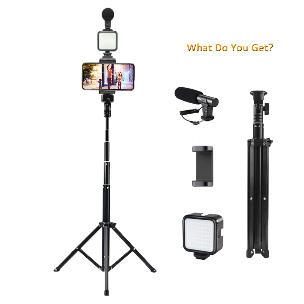 Vlogging Kit for Phone Lightning Compatible YouTube Starter Kit for Phone Tripod Phone Mount LED Light and Microphone