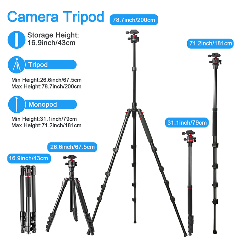 78inch Professional Camera Photography Tripod Ball Head Aluminum DSLR/SLR Tripod & Monopod with Carry Bag
