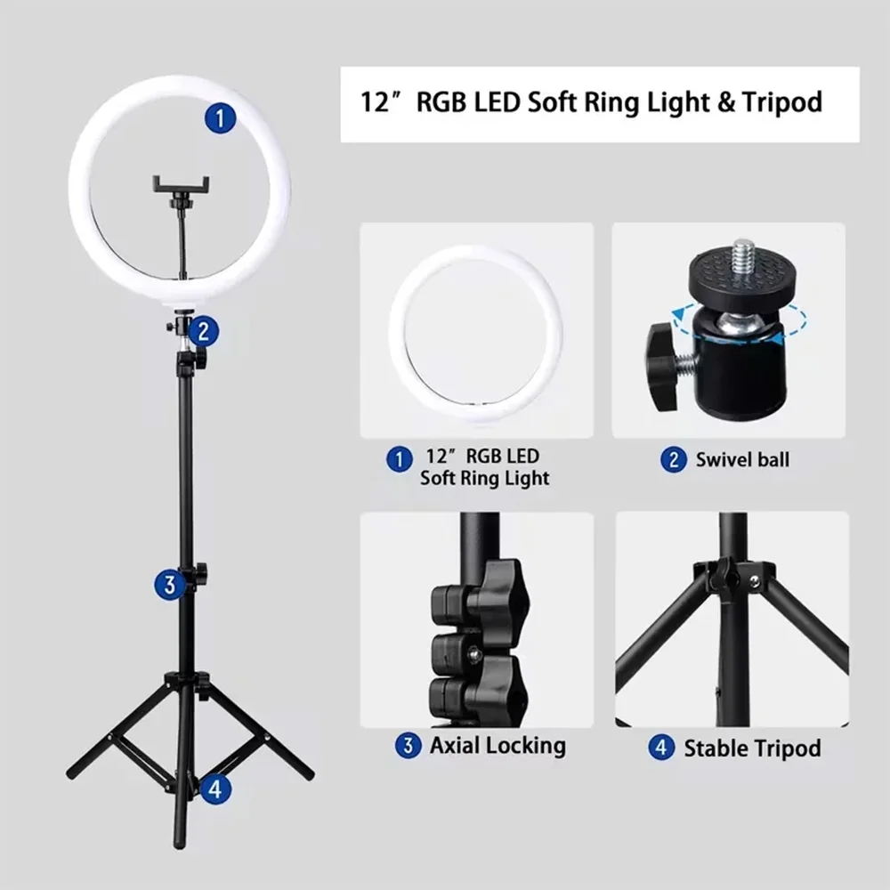 12" RGB Ring Light with 43" Stand & Phone Holder - 25 Color Modes, Dimmable for iPhone/Android Photos/Videos/TikTok