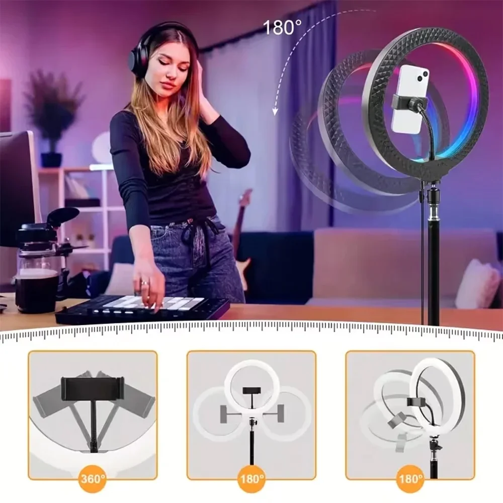 12" RGB Ring Light with 43" Stand & Phone Holder - 25 Color Modes, Dimmable for iPhone/Android Photos/Videos/TikTok
