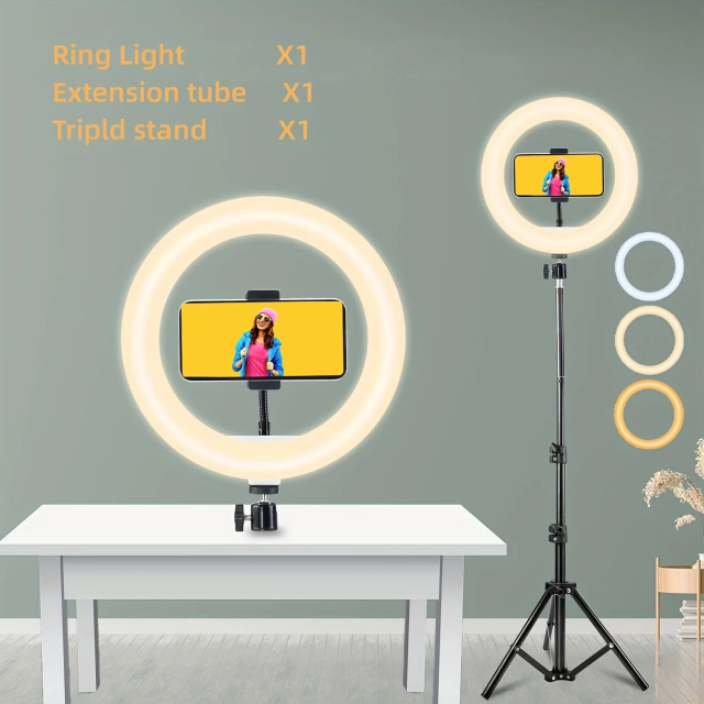 10in Ring Light Tripod Stand (63in) W/Phone Holder - 3 Color Modes, USB Powered, Adjustable for Live/Photography/Video Calls