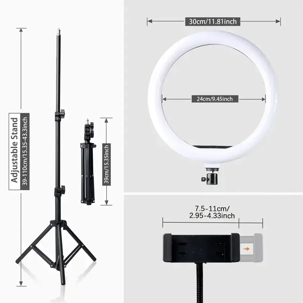 12" LED Ring Light Kit - 3 Lighting Modes + 43.3" Tripod for Streaming/Makeup/YouTube (With Phone Holder)