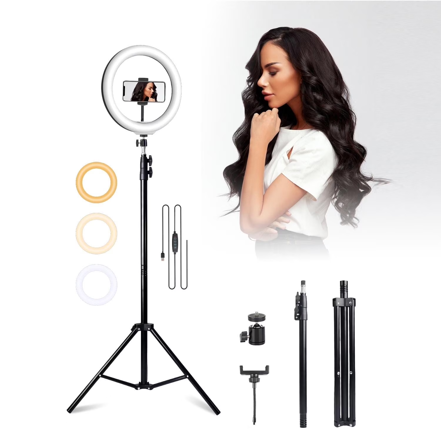 10in Ring Light Tripod Stand (63in) W/Phone Holder - 3 Color Modes, USB Powered, Adjustable for Live/Photography/Video Calls