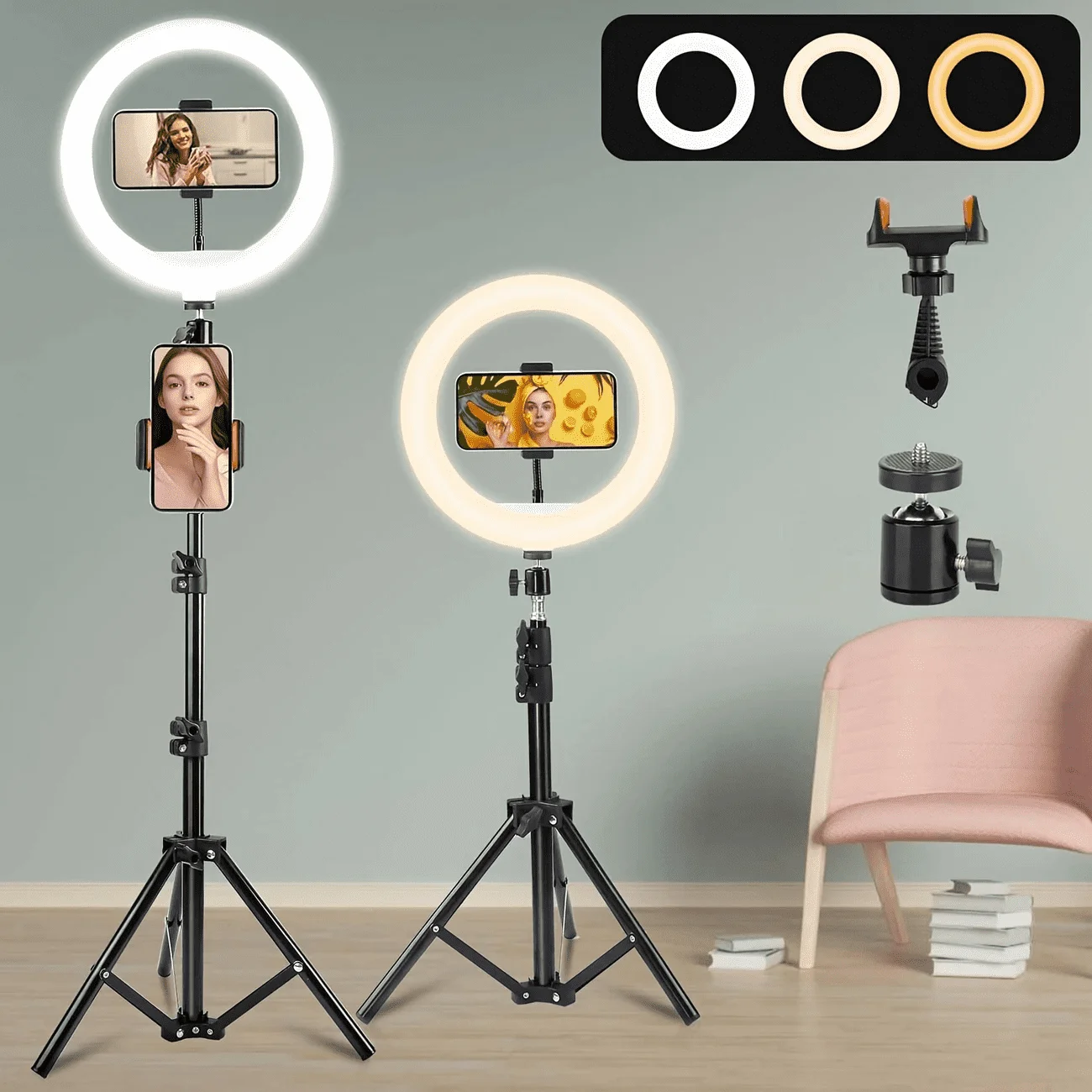 12" LED Ring Light Kit - 3 Lighting Modes + 43.3" Tripod for Streaming/Makeup/YouTube (With Phone Holder)