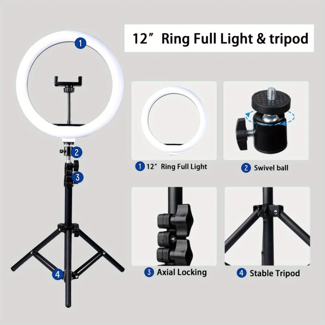 12" LED Ring Light Kit - 3 Lighting Modes + 43.3" Tripod for Streaming/Makeup/YouTube (With Phone Holder)