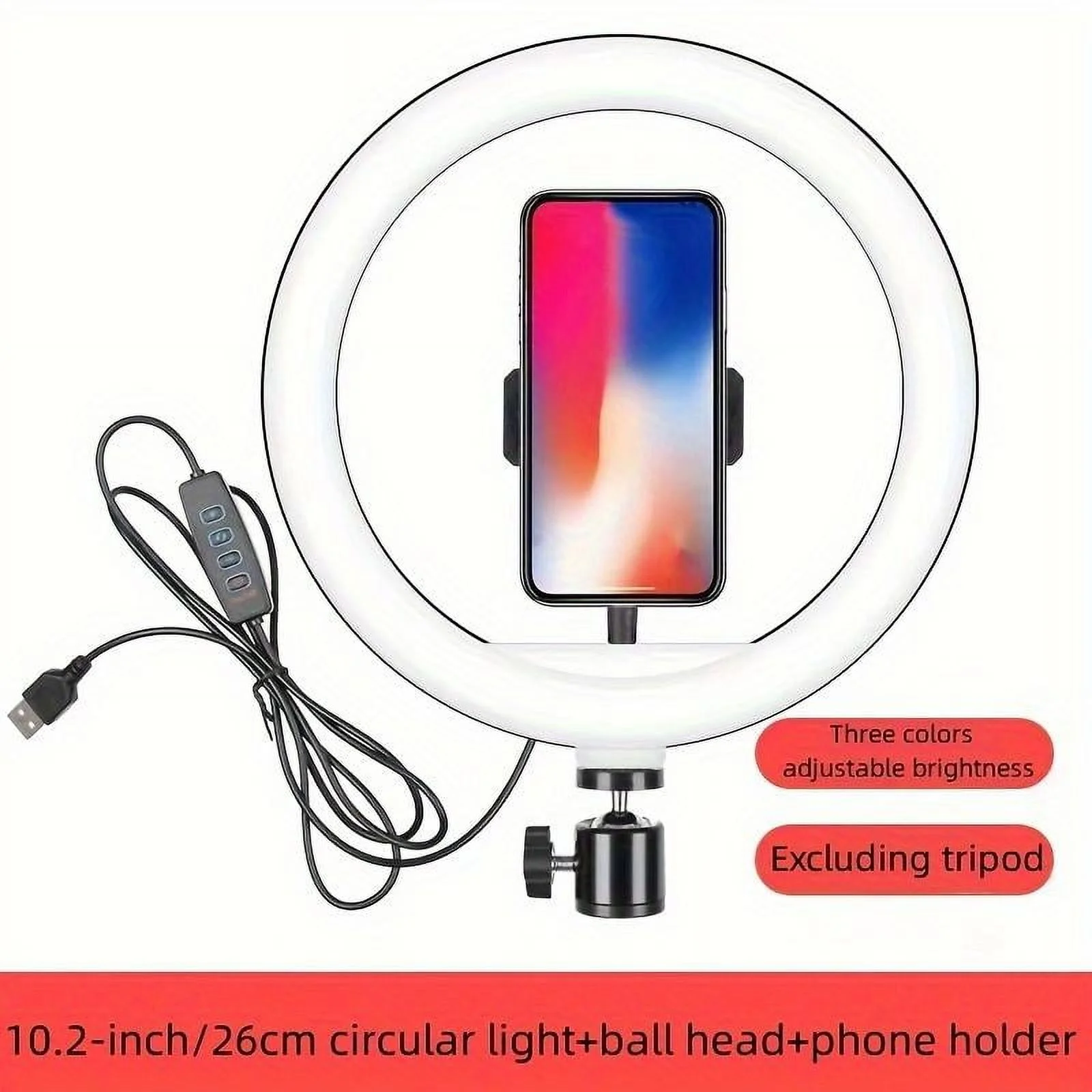 10in Ring Light Tripod Stand (63in) W/Phone Holder - 3 Color Modes, USB Powered, Adjustable for Live/Photography/Video Calls
