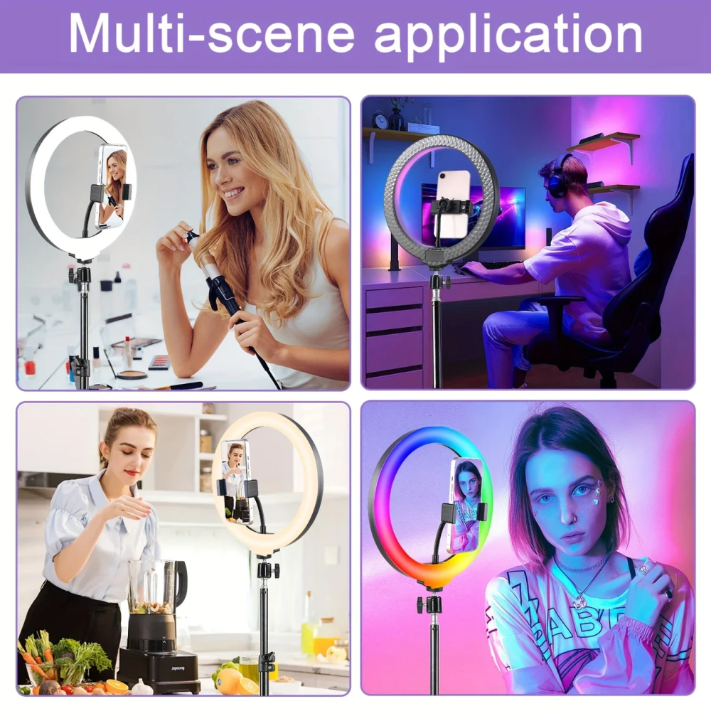 12" RGB Ring Light With 43" Tripod & Phone Holder - 360° Rotating Head, 10+ Lighting Modes, Dimmable for Streaming/Makeup/Vlogs