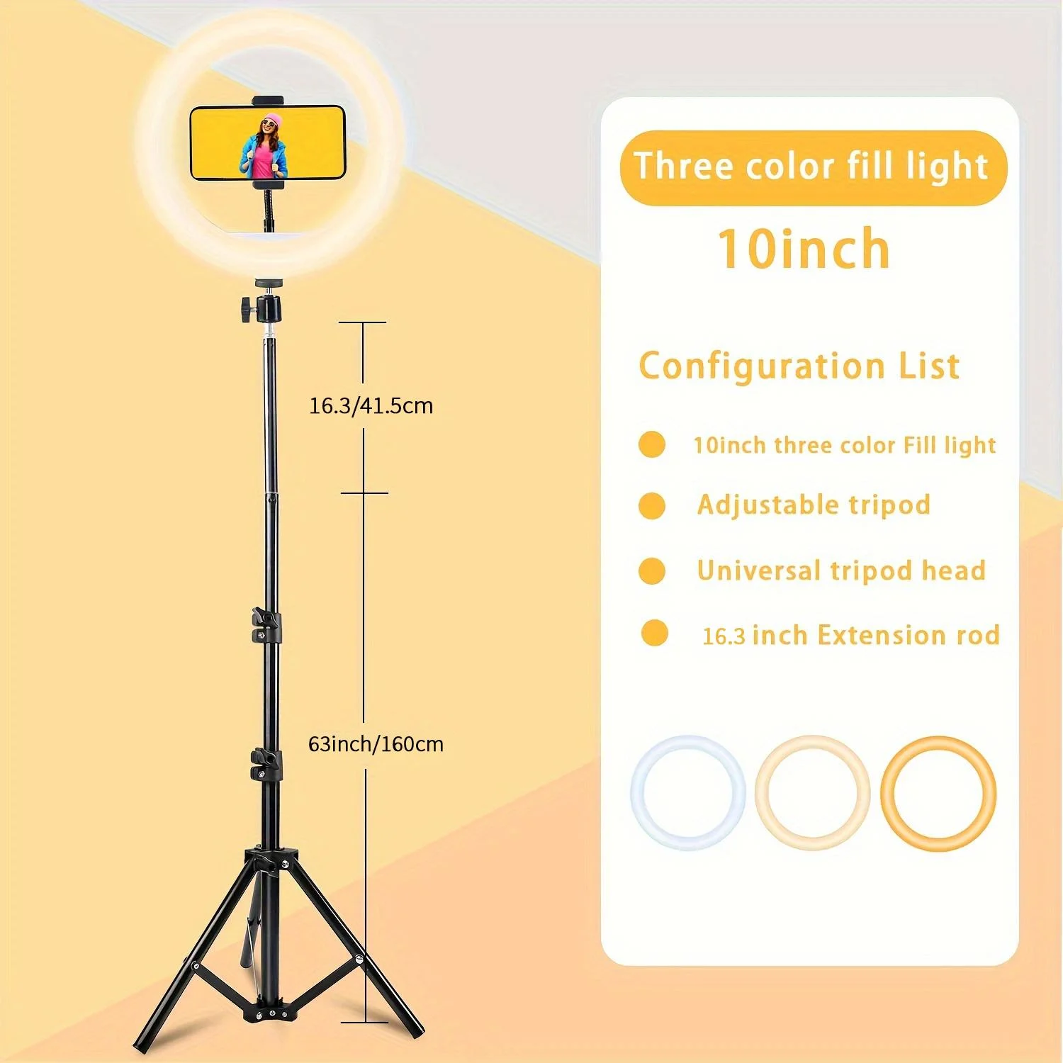 10in Ring Light Tripod Stand (63in) W/Phone Holder - 3 Color Modes, USB Powered, Adjustable for Live/Photography/Video Calls
