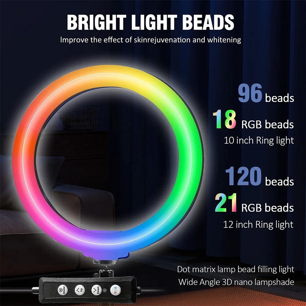 12" RGB Ring Light With 43" Tripod & Phone Holder - 360° Rotating Head, 10+ Lighting Modes, Dimmable for Streaming/Makeup/Vlogs