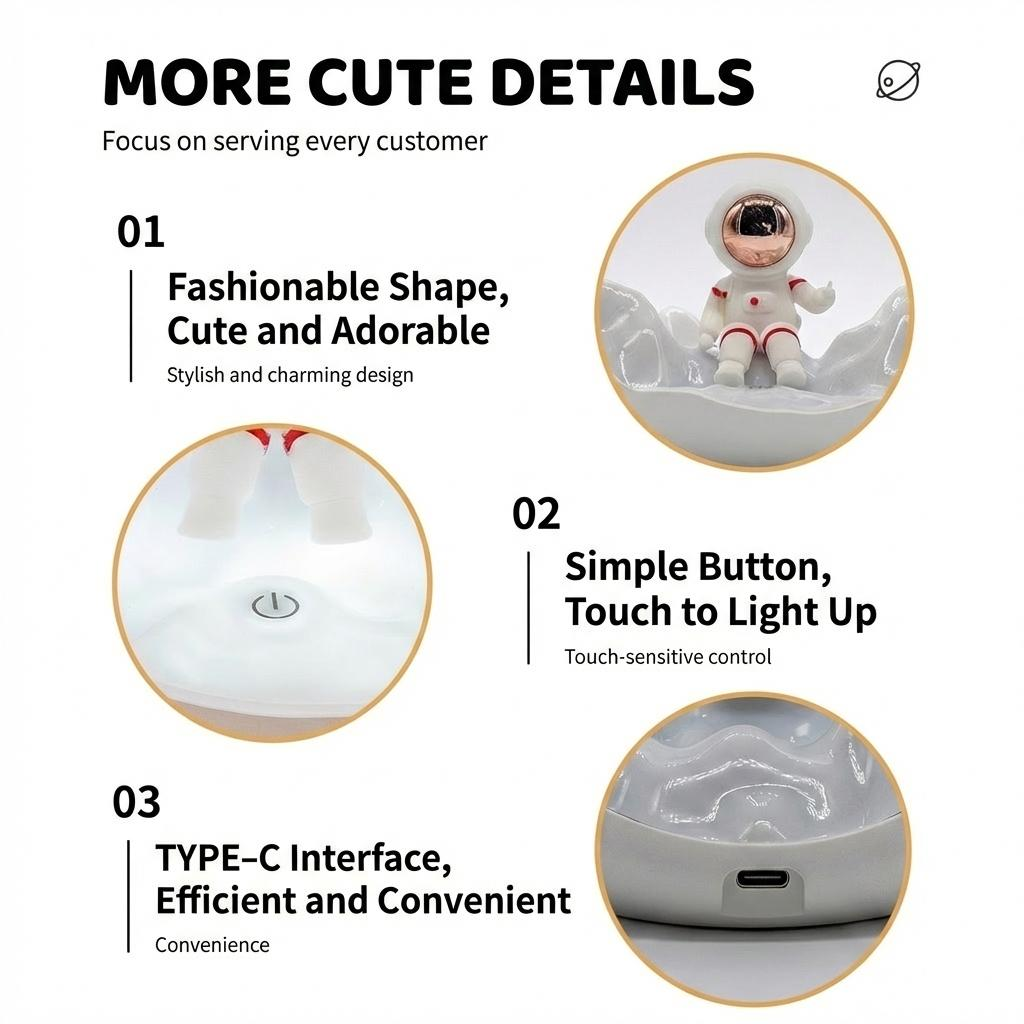 Astronaut Moon Night Light for Kids, Rechargeable Dimmable Touch Control, 3 Light Modes Eye-Caring Bedside Lamp, Space Theme Perfect Birthday Christmas Gift.