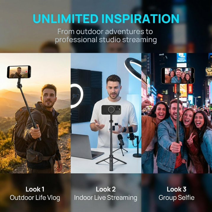 Magnetic Phone Tripod Selfie Stick (52 Inches), 2-in-1 with detachable wireless remote. Ideal for travel, vlogging, live streaming, TikTok, YouTube. Compatible with iPhone and Android.