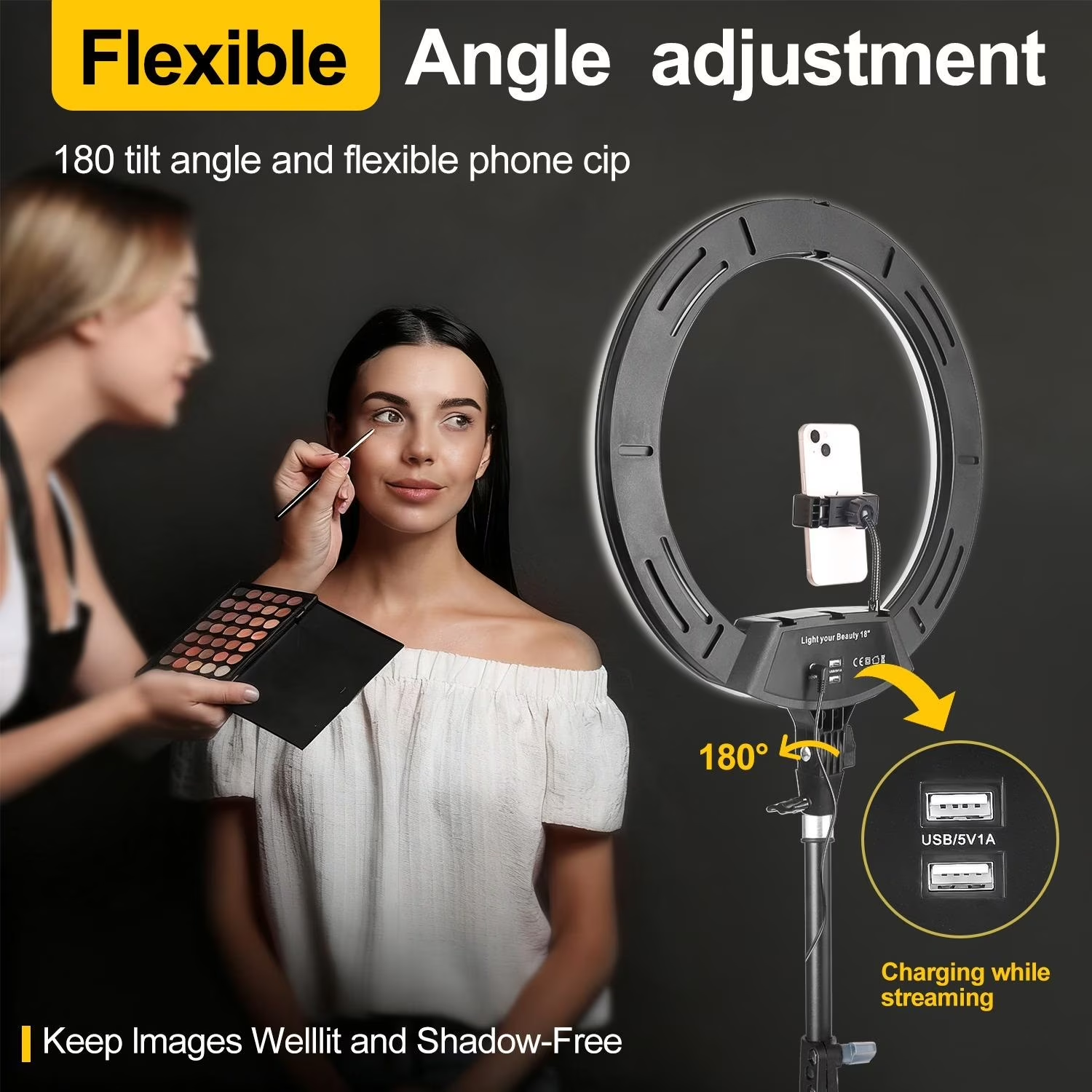 18 inch Ring Light with Stand, Large Ring Light for iPhone, 3 Clips/USB Ports,2700-6500K with Tripod for Tattoo Lash Barber Makeup Photography Lighting