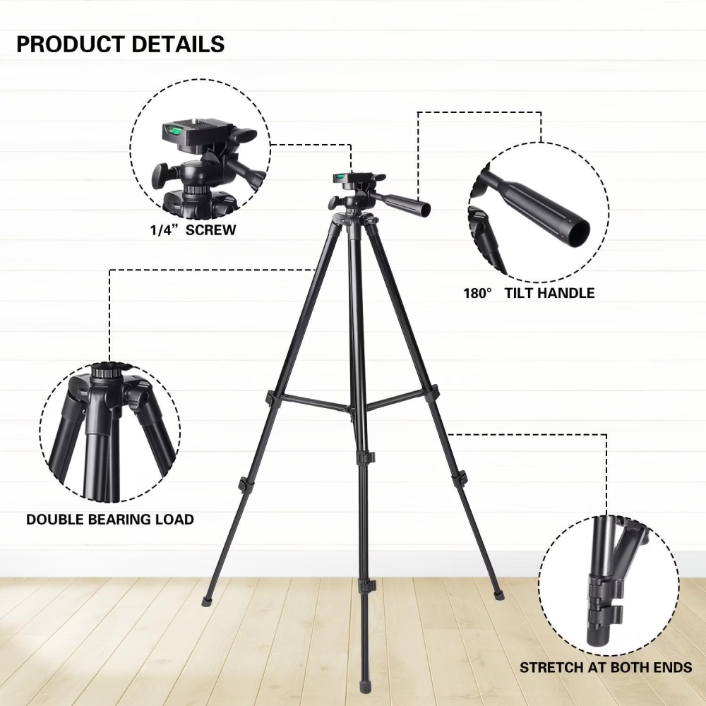 Professional 1.3M Tripod for TikTok/YouTube/Live Streams with Phone Clip & GoPro Mount, Adjustable Height Ideal for Travel, Outdoor Shooting & Smooth Filming